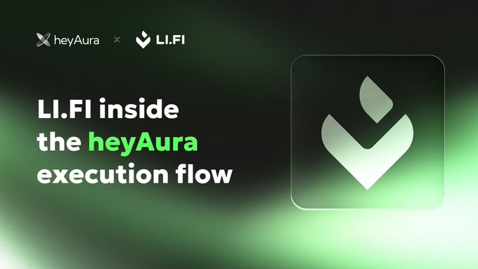 The image features a green background with white text that reads "LI.FI inside the HeyAura execution flow" along with an illustration of a flame symbolizing the HeyAura platform. The text also mentions that the HeyAura platform is now handling swaps, bridges, and complex routes in a single flow, which implies that the user's request has been processed by the HeyAura team.