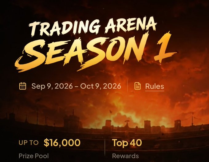 A promotional banner for 'TRADING ARENA SEASON 1' with a fiery apocalyptic background, showing event dates from 'Sep 9, 2026 – Oct 9, 2026' and mentioning an 'UP TO $16,000 Prize Pool' and 'Top 40 Rewards'.