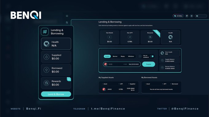 A screenshot of the BENQI finance platform interface showing the 'Lending & Borrowing' dashboard with metrics including Net Worth ($0.00), Net APY (0.78%), and Rewards ($0.00), along with web links to Benqi.Fi and @BenqiFinance.