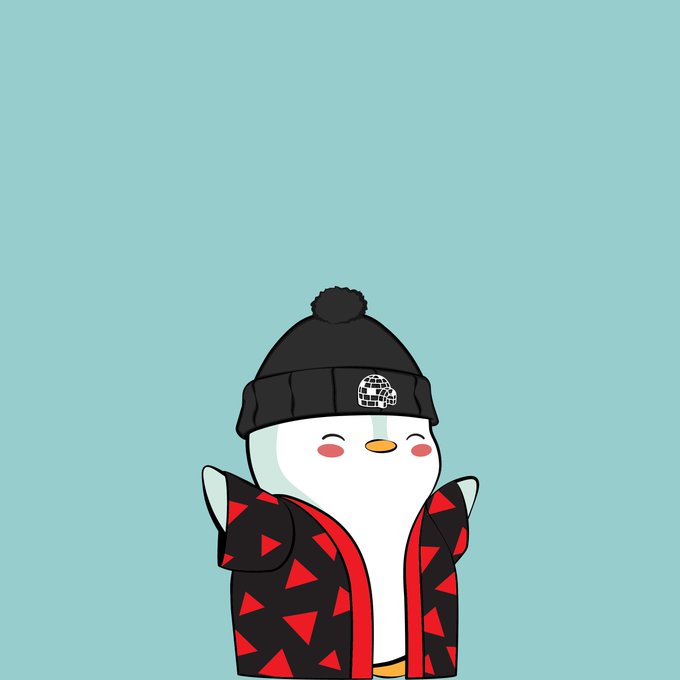 A cartoon penguin character wearing a black beanie with a globe emblem and a black jacket with red triangle patterns, set against a turquoise background.