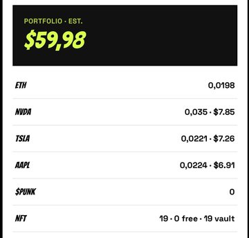 A digital portfolio dashboard displays an estimated value of $59.98, listing holdings including ETH (0.0198), NVDA (0.035 - $7.85), TSLA (0.0221 - $7.26), AAPI (0.0224 - $6.91), and NFTs.