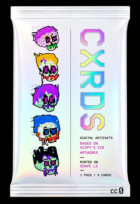 Holographic silver packaging for 'CXORDS' digital artifact cards based on xcopy's CC0 artworks, minted on Shape L2, containing 1 pack of 4 cards with glitch-style character designs featuring X eyes.