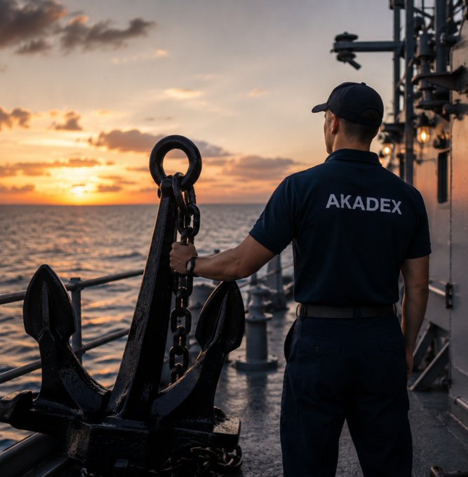 A person wearing a navy shirt with 'AKADEX' written on the back stands on the deck of a ship at sunset, holding a large black anchor by its chain.