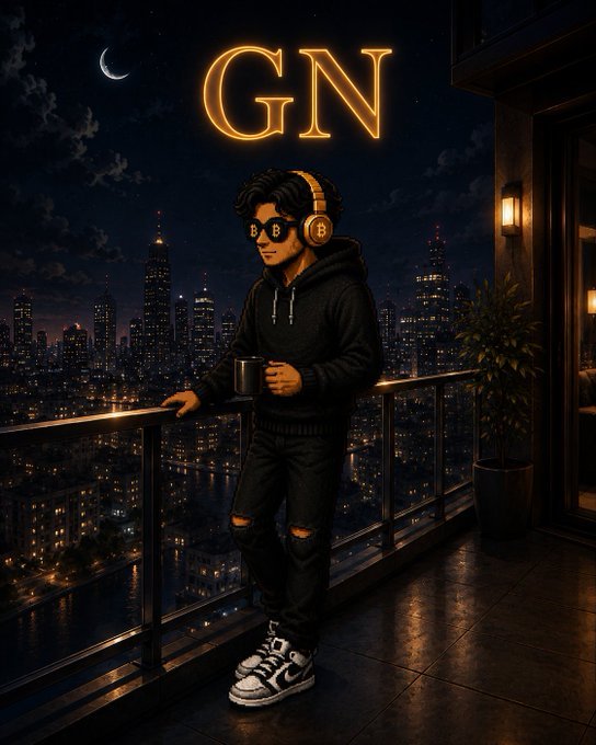A nighttime illustration of a stylish young man wearing gold headphones and sunglasses, holding a mug on a balcony overlooking a glowing city skyline with a crescent moon and the letters "GN" above him.