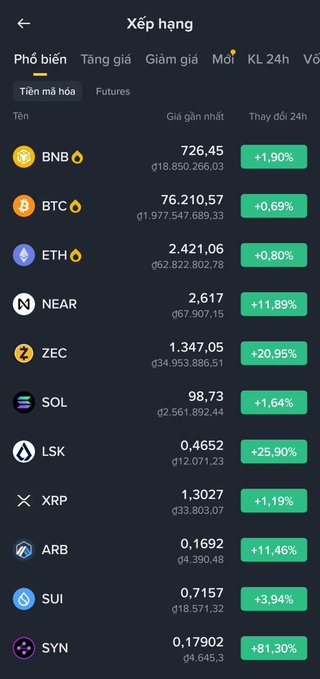 A cryptocurrency tracking app shows a ranking of coins with green price-change percentages, including BNB at 726.45 (+1.90%), BTC at 76.210,57 (+0.69%), ETH at 2.421,06 (+0.80%), NEAR (+11.89%), ZEC (+20.95%), SOL (+1.64%), LSK (+25.90%), XRP (+1.19%), ARB (+11.46%), SUI (+3.94%), and SYN (+81.30%).