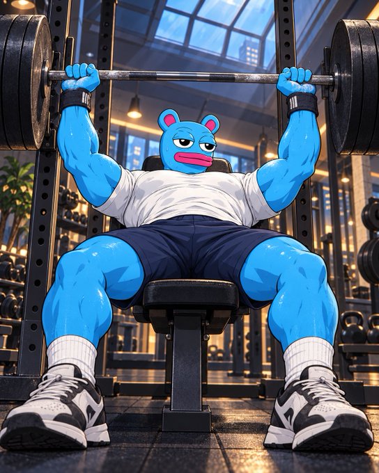 A digital illustration of a muscular blue cartoon character wearing a white t-shirt and dark shorts, lifting a heavy barbell in a gym setting.