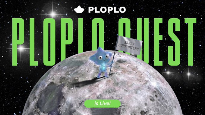 Promotional banner for 'PLOPLO QUEST' featuring a cartoon blue blob character holding an 'EARLY SUPPORTERS' flag on the moon, with 'PLOPLO' branding at top and an 'is Live!' button.