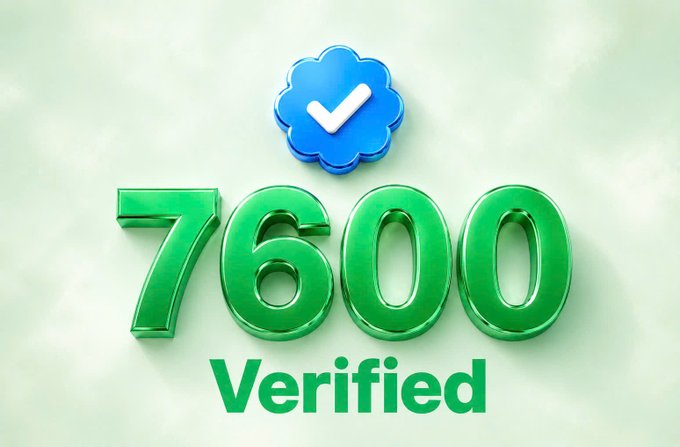 A graphic showing a blue verification badge above green 3D numbers '7600' with the word 'Verified' below, indicating a score or status.