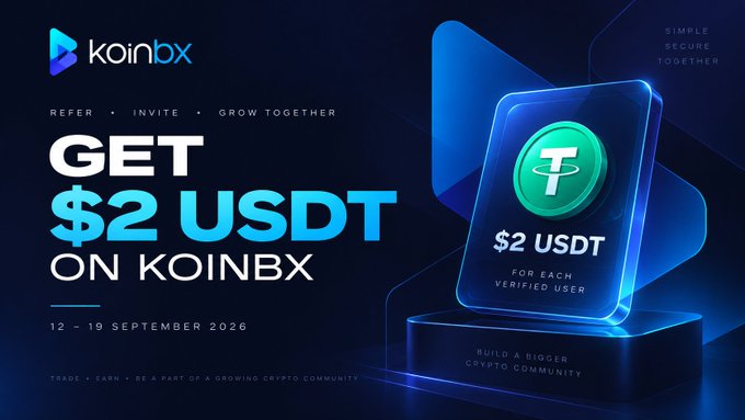 Koinbx advertisement offering "GET $2 USDT ON KOINBX" running from 12-19 September 2026, with a blue and black color scheme and USDT logo.