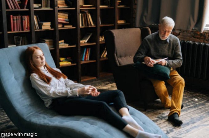 A therapy session scene where a young woman with red hair lies on a chaise lounge with her eyes closed while an older bearded therapist sits in a chair taking notes, with bookshelves lining the background.