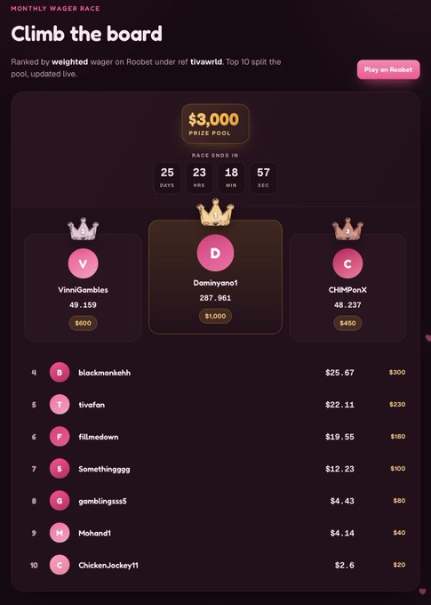 The image displays a "Monthly Wager Race" leaderboard on Roobet with a $3,000 prize pool, where "Daminyano1" leads with $287.96 in weighted wagers, followed by "VinniGambles" ($49.159) and "CHMPonX" ($48.237). It supports the post by showcasing the active leaderboard the user is promoting, with other ranked players like "blackmonkehh" and "tivafan" competing for prizes ranging from $1,000 down to $20.