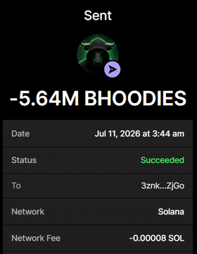 The image shows a successful Solana transaction confirmation for a transfer of 5.64M BHOODIES tokens to address "3znk...ZJGo" on July 11, 2026, with a network fee of ~0.00008 SOL. This serves as visual "proof" in the accompanying post claiming that a BHOODIES airdrop is being distributed to participants—though such posts are typically associated with crypto giveaway scams.