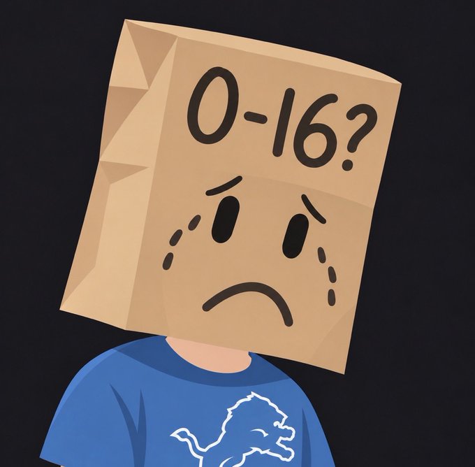 An illustration of a person with a crying sad face on a brown paper bag over their head, which reads '0-16?', wearing a blue shirt with a lion logo.