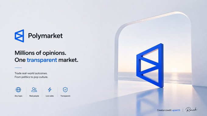 A promotional graphic for 'Polymarket' with the tagline 'Millions of opinions. One transparent market.' and icons for 'Any topic', 'Real people', 'Live odds', and 'Transparent', featuring a 3D logo by 'apsin13 | Rohk'.