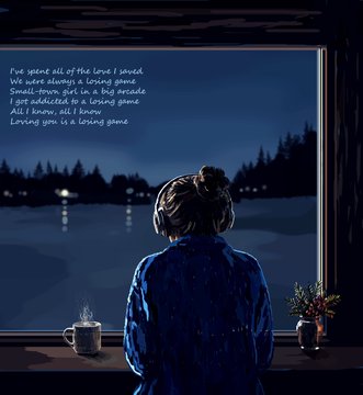 A woman sits gazing out at a moonlit lake, with a steaming mug and small potted plant beside her on the windowsill. Overlaid text reads: "I've spent all of the love I saved / We were always a losing game / Small town girl in a big arcade / I got addicted to a losing game / All I know, all I know / Loving you is a losing game," evoking themes of melancholy and reflection fitting for a contemplative OBJKT NFT edition.