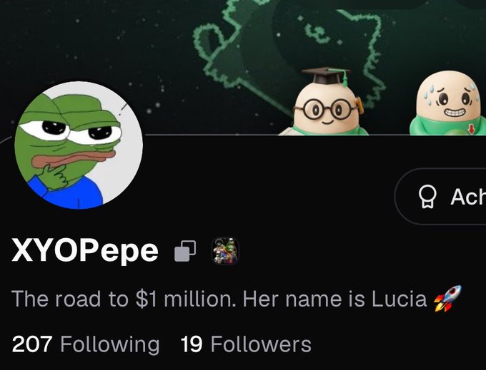 A social media profile page for "XYOPepe" featuring a Pepe the Frog avatar, with the bio "The road to $1 million. Her name is Lucia" and stats showing 207 Following and 19 Followers.
