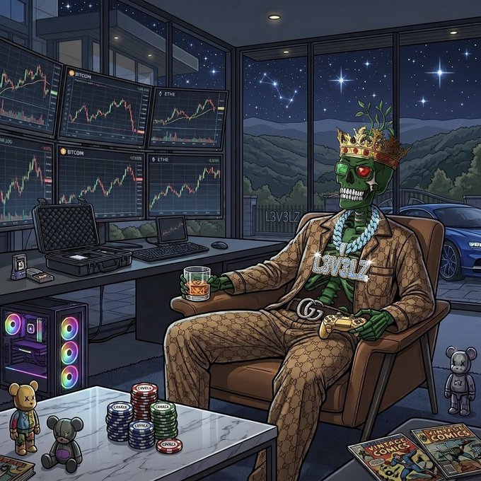 An illustrated skeletal figure wearing a crown and a Gucci-patterned suit sits in a modern room with multiple monitors displaying Bitcoin and Ethereum charts, alongside poker chips and Bearbrick figures.