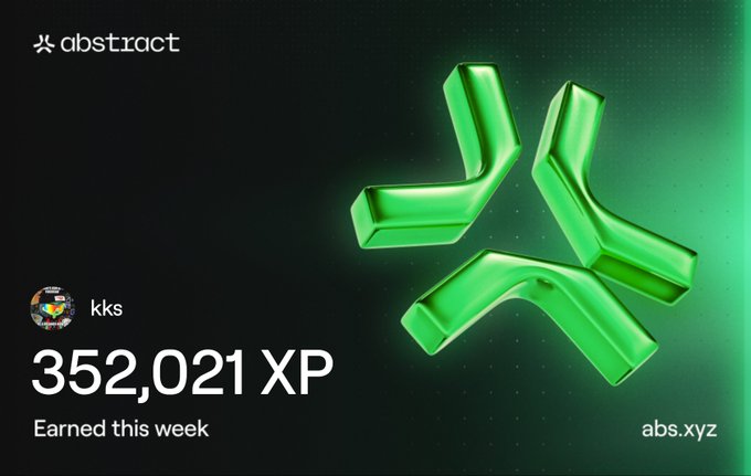 A digital achievement card from the 'abstract' platform showing '352,021 XP Earned this week' by user 'kks' with a green 3D logo.