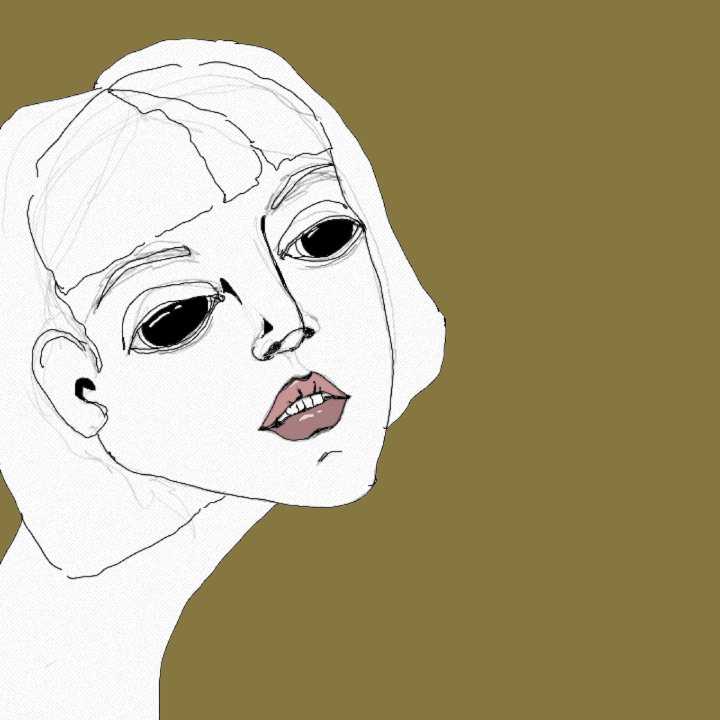 The image features a white cartoon drawing of a woman with blonde hair, looking up at something or someone off-camera. The background color is brown, providing a contrast to the white figure. There are two other people visible in the image, one on the left side and another on the right side. They appear to be engaged in conversation or observing the same thing as the woman with blonde hair.