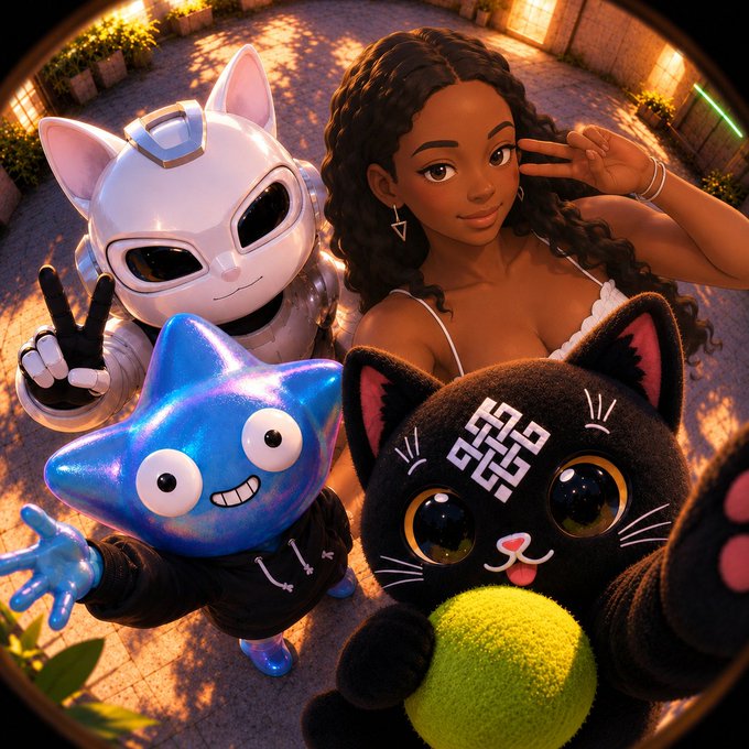 A group selfie featuring a fisheye-lens shot of a smiling woman with curly hair posing alongside three whimsical characters: a white robot cat making a peace sign, a glittery blue star creature, and a plush black cat with pixelated "MR" branding holding a tennis ball. The image accompanies a social media post promoting a creative prompt that lets fans join "the squad" for their own selfies with these playful characters from the Ritual, Initiate NFT, and Ploplo communities.