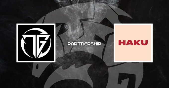 The image is a promotional graphic announcing a partnership, featuring two logos flanking the word "PARTNERSHIP" in white text against a dark, smoky background with faint team branding. On the left is the black and white T7G (Team 7G) logo, while the right displays the cream-colored HAKU NFT logo, visually representing the collaboration announced in the accompanying post about HAKU's upcoming mint.