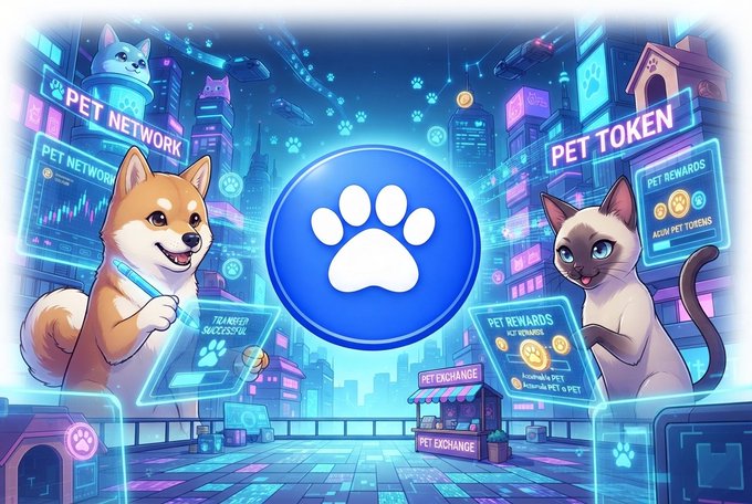 A digital illustration depicts a "PET NETWORK" and "PET TOKEN" cyberpunk city scene featuring a Shiba Inu and a Siamese cat alongside glowing blue interfaces and a central paw print logo.
