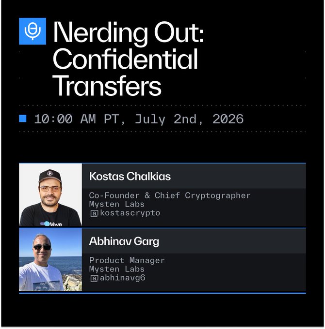 The image promotes a podcast episode titled "Nerding Out: Confidential Transfers," scheduled for 10:00 AM PT on July 2nd, 2026, featuring Kostas Chalkias (Co-Founder & Chief Cryptographer at Mysten Labs, @kostascrypto) and Abhinav Garg (Product Manager at Mysten Labs, @abhinavg6). The graphic ties into the "Come nerd out!" tagline by announcing an upcoming technical discussion on confidential transfers from these two Mysten Labs experts.