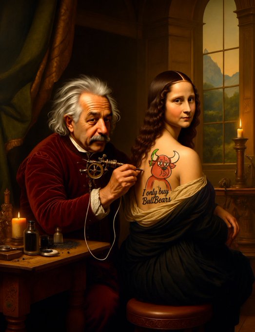 An AI-generated parody painting styled like classical art, showing an Albert Einstein-like figure tattooing a woman with a red bull logo and the text 'I only buy BullBears' on her back.