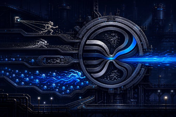 A stylized industrial/futuristic digital artwork featuring a large metallic circular emblem with blue energy beams shooting through it, set against a dark industrial cityscape.