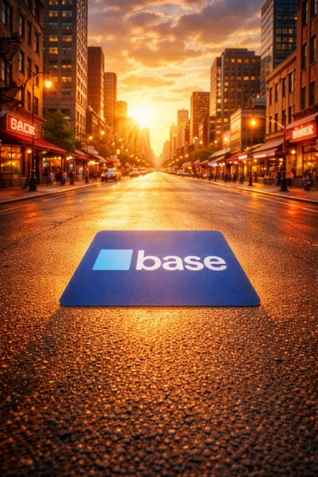 The image features an urban street scene with a blue mat placed on top of it that says "Base" written in white letters. The sun is setting, casting a warm glow over the cityscape. In the background, there are buildings lining both sides of the road and people walking along the sidewalks. A car can be seen driving down the street, adding to the bustling atmosphere of the scene.