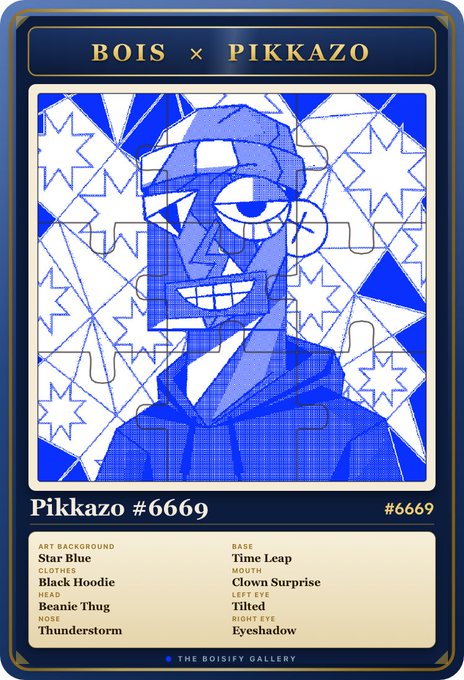 A Pikkazo collectible card #6669 titled 'BOIS × PIKKAZO' featuring a blue-toned stylized portrait with attributes: Star Blue background, Time Leap base, Black Hoodie, Clown Surprise mouth, Beanie Thug head, Tilted left eye, and Thunderstorm eyeshadow.