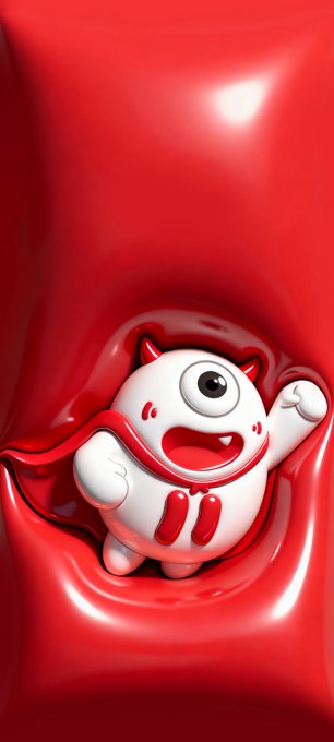 A cheerful white bull character with small red horns peeks out from a glossy red surface, its wide smile and large expressive eyes matching the energetic spirit of the TRON Bull wallpaper being shared with fans worldwide.