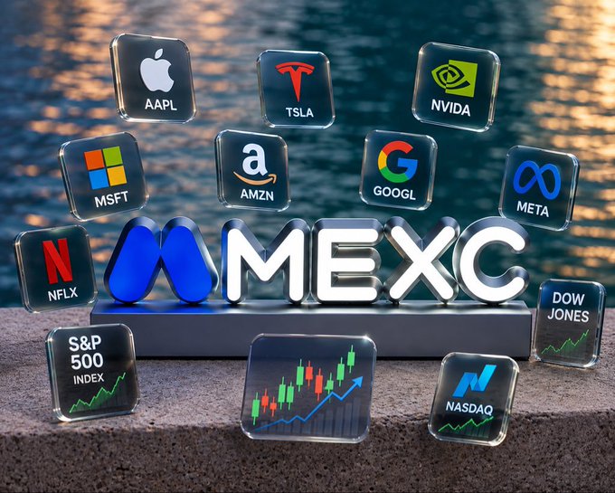 A promotional image for MEXC cryptocurrency exchange featuring the MEXC logo surrounded by floating glass tiles displaying stock tickers including AAPL (Apple), TSLA (Tesla), NVDA (NVIDIA), MSFT (Microsoft), AMZN (Amazon), GOOGL (Google), META, NFLX (Netflix), S&P 500 INDEX, DOW JONES, and NASDAQ, with a candlestick chart in the foreground.
