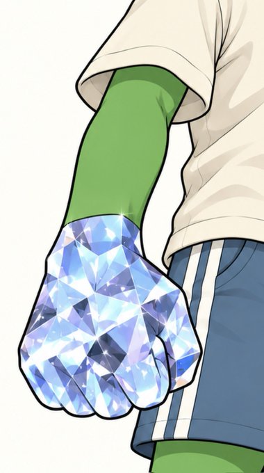 An illustration of a green-skinned character's arm and clenched fist, where the fist is rendered as a sparkling crystalline or diamond-like structure, wearing a white shirt and blue shorts.