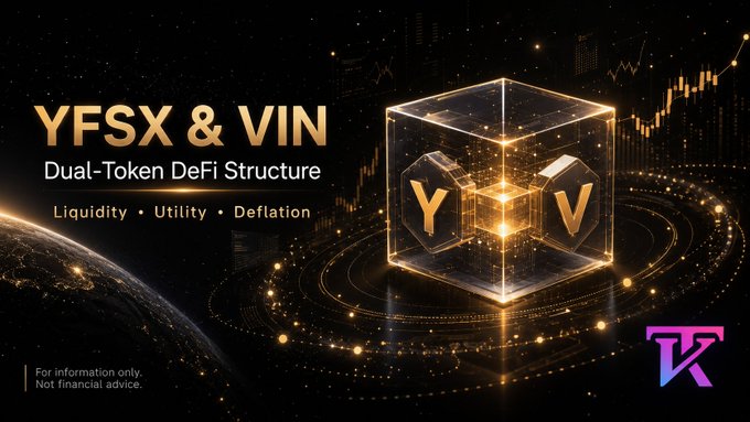 A dark space-themed promotional graphic displays a glowing golden cube containing the letters "Y" and "V" against a starry backdrop with a financial chart silhouette, alongside the text "YFSX & VIN Dual-Token DeFi Structure" and the pillars "Liquidity • Utility • Deflation," reinforcing the post's description of the project's dual-token ecosystem with a disclaimer noting it's "For information only. Not financial advice."