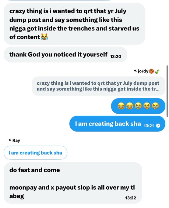 A screenshot of a chat conversation discussing a cryptocurrency 'dump post' and coin/token mentions like 'moonpay' and 'payout', with messages from users jordy and Ray showing timestamps around 13:20-13:22.
