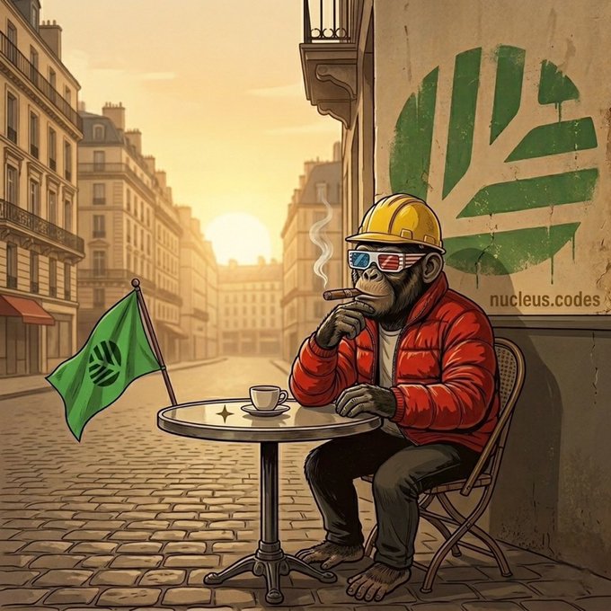 A stylish gorilla wearing a hard hat, American flag sunglasses, and a red jacket sits at a Parisian café table smoking a cigar, with a green flag and a large green Canopy logo beside the text "nucleus.codes" on the wall, symbolizing a relaxed deep-dive into the @CNPYNetwork project.