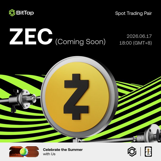 The image features a poster for a new cryptocurrency called ZEC (Zec). The poster has a yellow circle with a black dollar sign, which represents the currency symbol for ZEC. It also includes text that announces the upcoming release of the coin and mentions that it will be available in USDT format on BitTap. The poster is set against a black background with green stripes, creating an eye-catching design. The date "June 17, 2026" is displayed at the top right corner of the poster, indicating when the coin will be released.