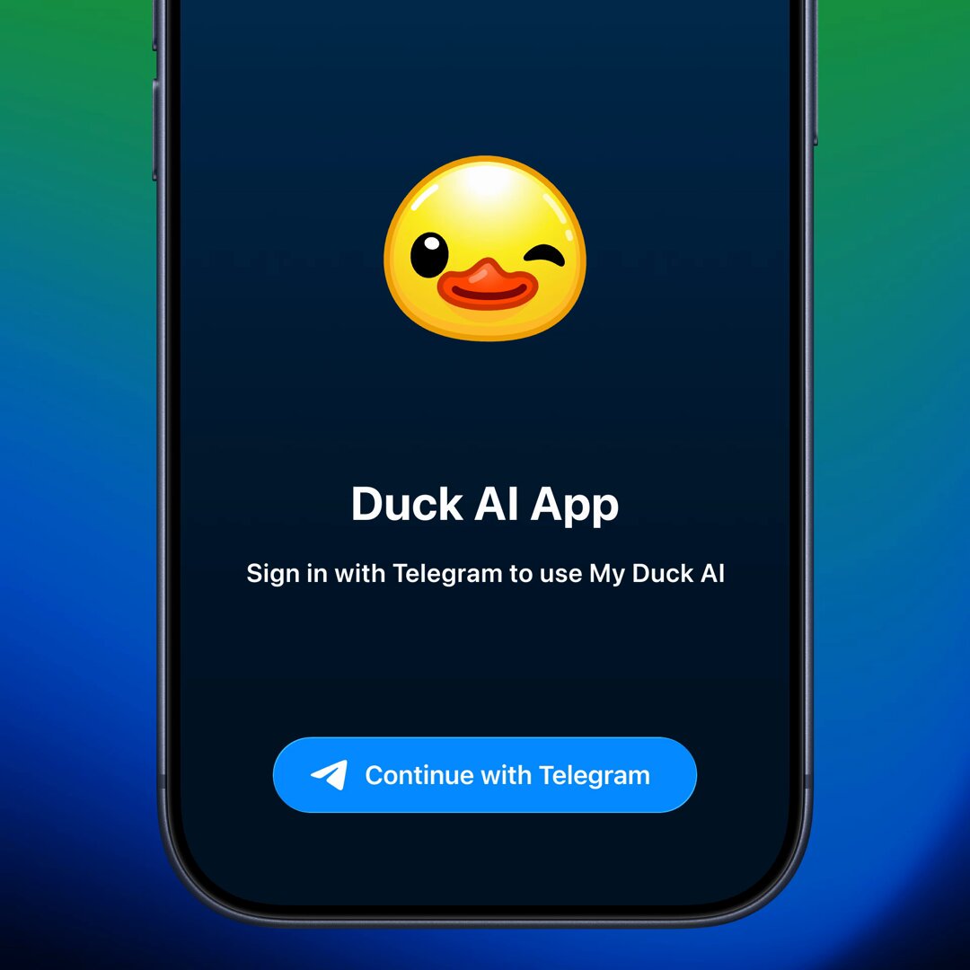 The image features a cell phone screen displaying an app called Duck AI, which is used for signing into Telegram. The app has a yellow duck icon on its cover, indicating that it's designed for users who are familiar with the popular messaging platform. The text in the image reads "Duck AI" and "Sign in with Telegram to use My Duck AI", suggesting that the app helps users connect their accounts on Telegram by using the messaging service itself.