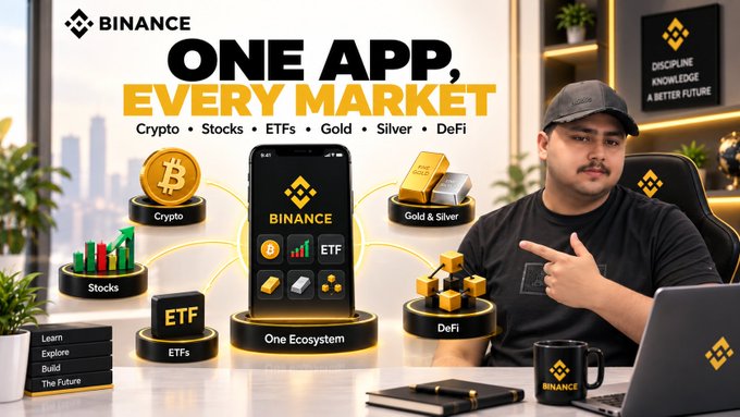 A Binance promotional banner reading 'ONE APP, EVERY MARKET' listing Crypto, Stocks, ETFs, Gold & Silver, and DeFi, featuring a person pointing at the phone app interface.