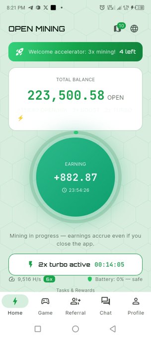 Screenshot of the 'OPEN MINING' app showing a total balance of 223,500.58 OPEN tokens, with active mining earnings of +882.87 and a '2x turbo active' timer.