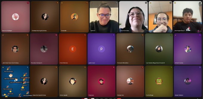 A screenshot of a video conference call showing a grid of participants, with some attendees visible on camera and others displayed as icons or initials in colored tiles.