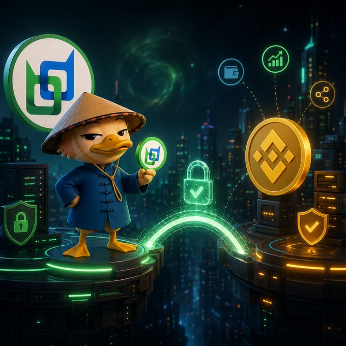 A digital illustration of a duck character in a conical hat holding a logo, connected by a glowing arc to a Binance coin in a futuristic cityscape setting.