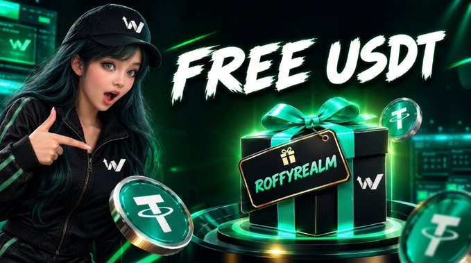 A promotional digital graphic featuring an anime-style woman in a black cap and jacket pointing at a gift box labeled 'ROFFYREALM,' with large white text reading 'FREE USDT' and floating green Tether cryptocurrency coins against a neon green background.