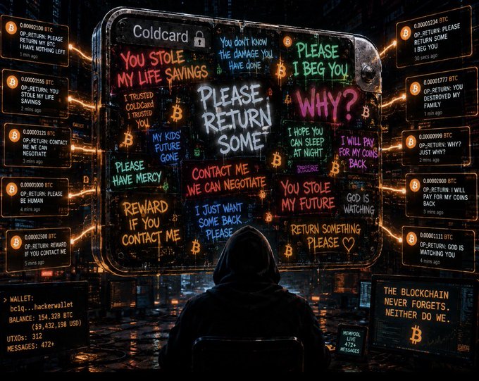 A hooded figure faces a giant smartphone screen displaying the "Coldcard" wallet interface, surrounded by glowing Bitcoin transaction messages pleading with hackers to return stolen funds, including demands like "YOU STOLE MY LIFE SAVINGS," "PLEASE RETURN SOME," and "REWARD IF YOU CONTACT ME." The wallet shows a balance of 154.328 BTC ($9,432,198 USD) with 472 messages, illustrating how victims have hijacked the hacker's blockchain address to send public pleas via tiny BTC transactions.