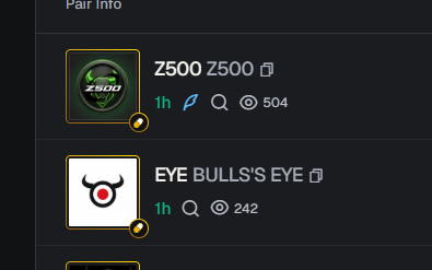 The image displays a "Pair Info" panel from a trading interface showing two crypto token pairs: "Z500 Z500" with 504 viewers (1h timeframe) and "EYE BULL'S EYE" with 242 viewers, the post noting Bulls's Eye is a misspelled test token while Z500 is gaining attention including being shared by Ansem.
