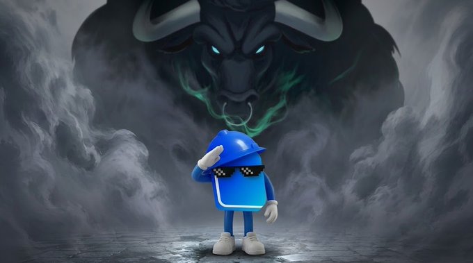 A digital illustration of a small blue character wearing pixelated sunglasses standing before a massive, shadowy bull with glowing green eyes in a smoky environment.