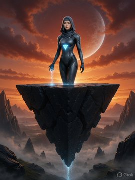 A digital artwork depicting a hooded female figure in a dark, futuristic suit holding glowing blue energy, standing on an inverted rocky floating island against a dramatic orange sunset sky with a large planet.