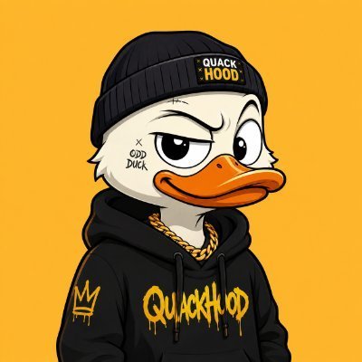 A cartoon duck wearing a black beanie labeled "QUACK HOOD" and a matching black hoodie with a gold crown logo, dripping "QUACKHOOD" text, and a "GOOD DUCK" face tattoo, set against an orange background.