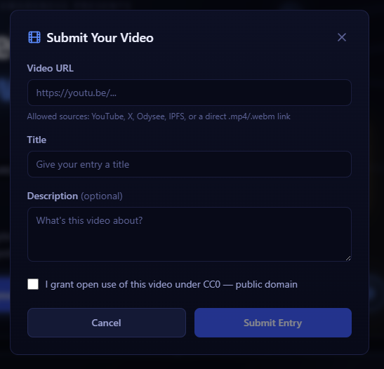 A "Submit Your Video" form on digiscope.me with fields for a Video URL (accepting YouTube, X, Odysee, IPFS, or .mp4/.webm links), Title, and an optional Description, plus a checkbox for CC0 public domain licensing, directly reflecting the call to submit original, educational DGB-focused YouTube videos for community voting in the DDCreators showdown.